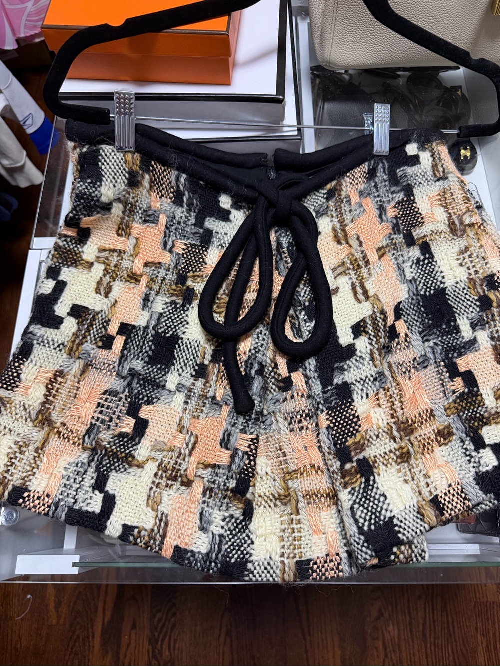 Chloé Peach, Black & Cream Tweed Mini Skirt with Drawstring
